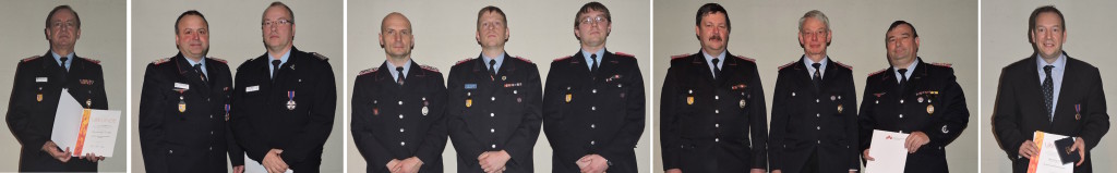(v.l.n.r.) Deutsche Feuerwehr-Ehrenkreuz in Gold: Hans-Jürgen Cordes; Deutsche Feuerwehr-Ehrenkreuz in Silber: Frank Hagel, Reiner Seidel; Ehrennadel des Landesfeuerwehverbandes in Bronze: Cord Drieselmann, Florian Menklein, Stephan Augustin; Ehrennadel des Landesfeuerwehverbandes in Silber: Helmut Heuer Jungemann, Klaus Niebuhr, Manfred Zaiser; Deutsche Feuerwehr-Ehrenmedaille: Henning Otte (MdB)